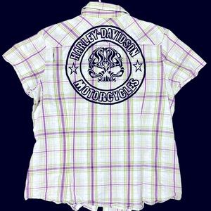 Harley Davidson Purple and Green Short Sleeve Snap Down